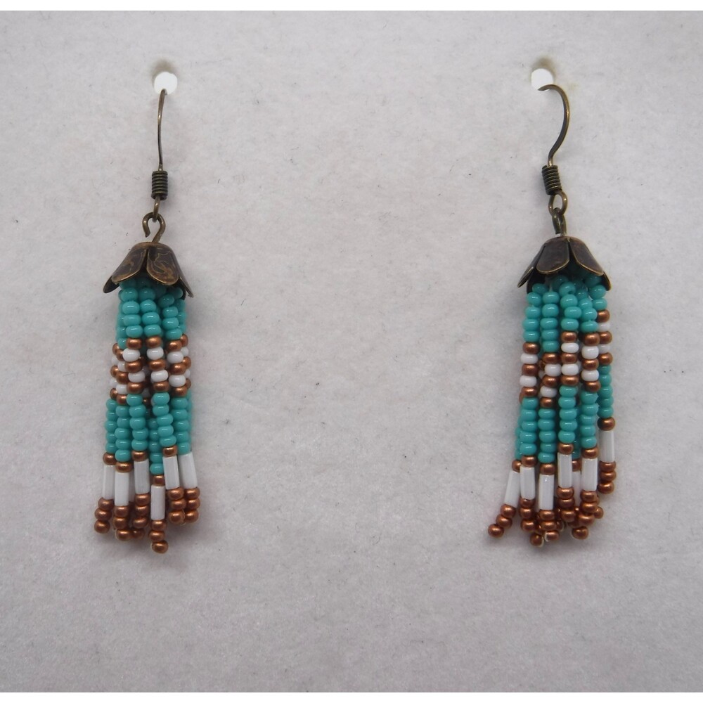 Earrings Beaded Teal, White & Copper